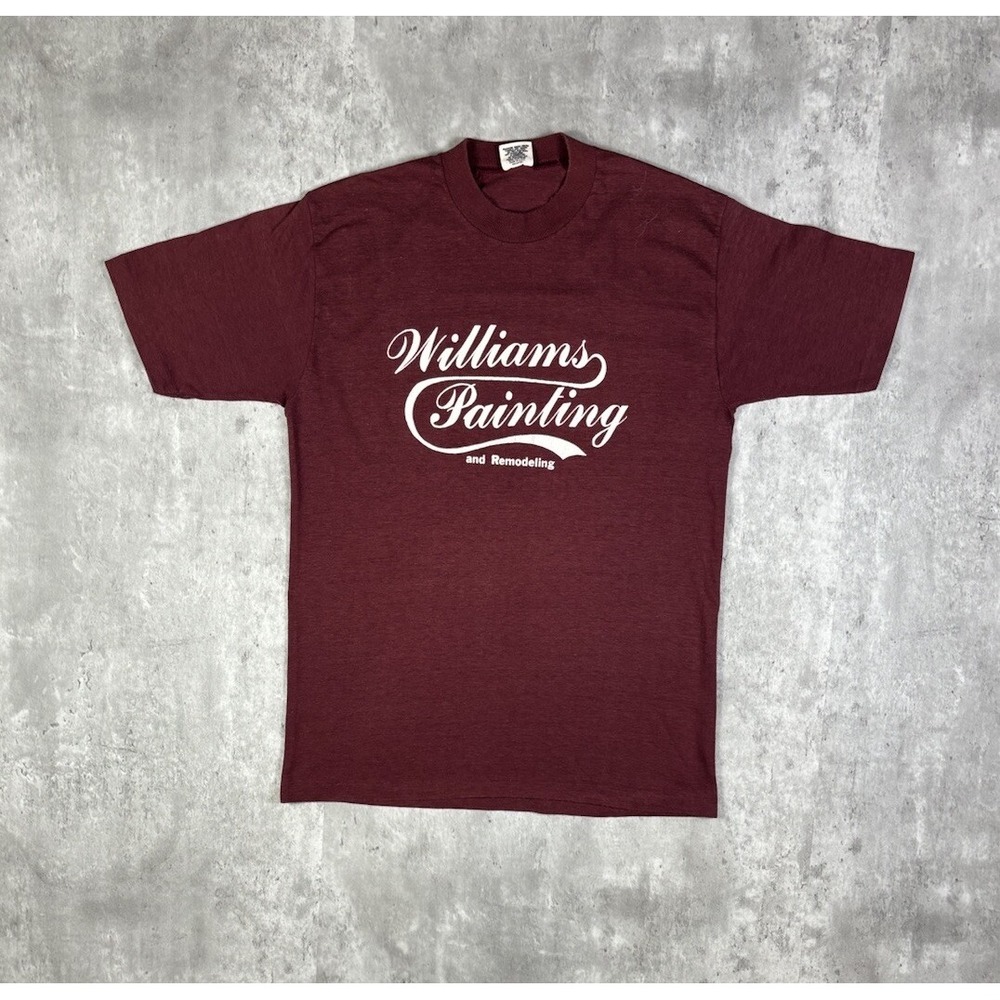 Vintage 80s Downerwear Williams Painting Graphic Burgundy T-Shirt Mens L
